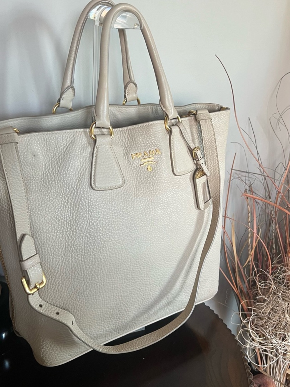 Prada Cream Pebbled Leather Double-Handle Tote with Detachable Strap